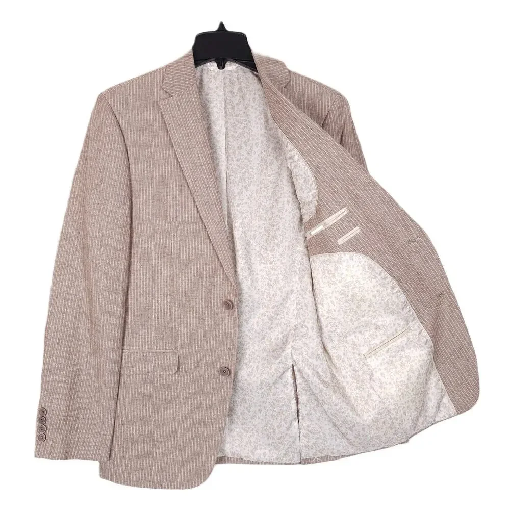 Bar III Mens Slim Fit 2 Piece Linen Suit 38L 31x32 Tan Pinstripe NWT